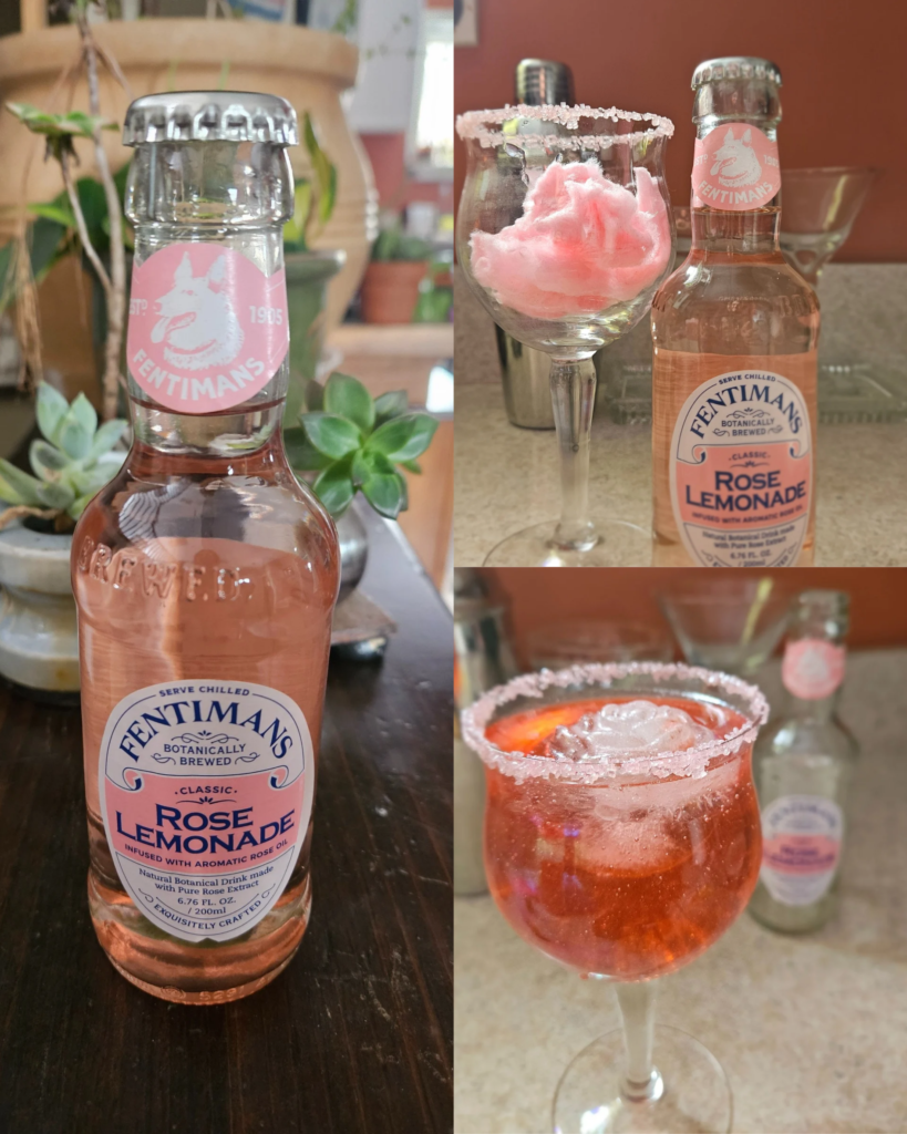 A collage showing a bottle of Fentimans Rose Lemonade and a beautifully garnished mocktail in a sugar-rimmed vintage glass with cotton candy.